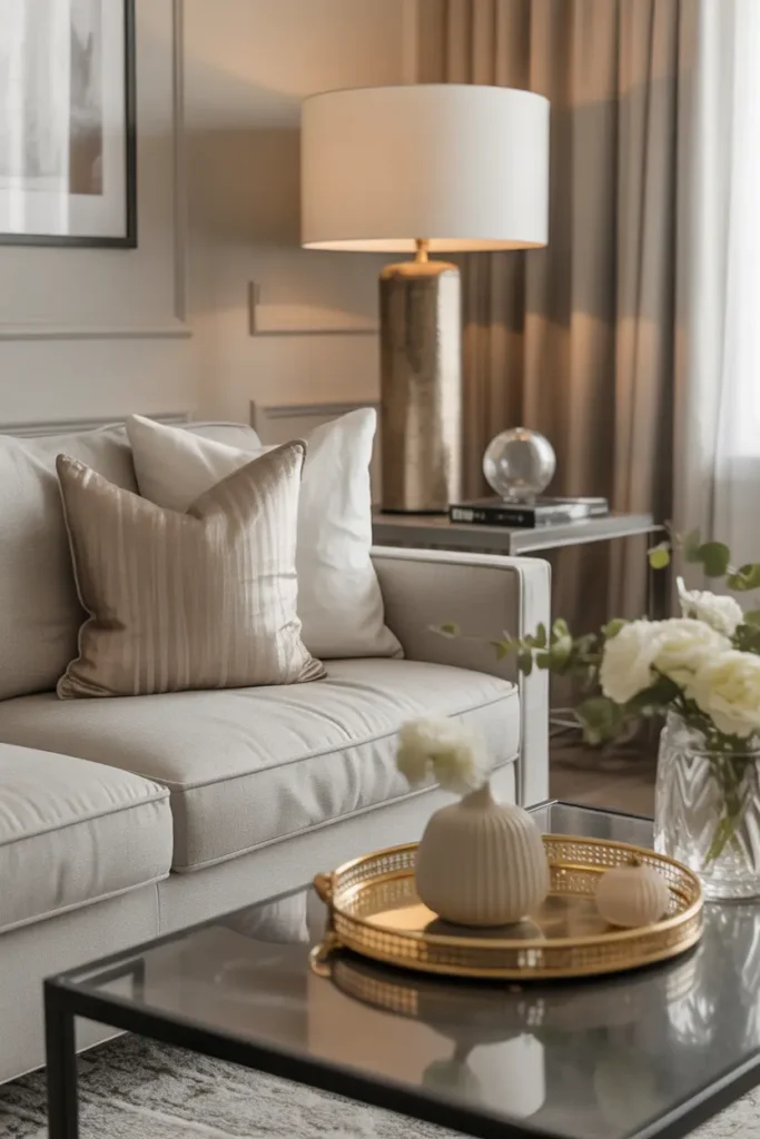 A boho-inspired living room featuring neutral tones with soft woven pillows, rattan baskets, and subtle plants. The space is grounded by a textured rug and complemented by cozy throws and cushions. Natural light fills the room, highlighting the warmth of wood and the natural elements of the decor. The space feels relaxed, inviting, and effortlessly stylish.