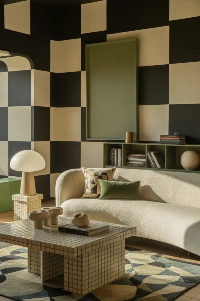  A playful contemporary living room with checkerboard details, soft diffused daylight, and a bold black, cream, and muted green palette. Curved boucle sofa, tiled coffee table, graphic rug, sculptural lamp, and stacked art books create depth. Mixed textures of wool, wood, and ceramic. Airy yet dramatic mood. Wide eye-level shot with layered styling and balanced spacing.