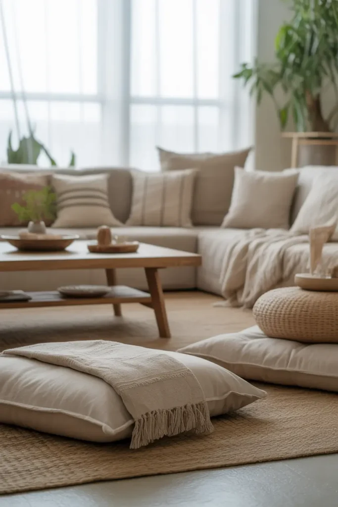  A relaxed boho-Japandi living room with low floor seating, soft morning natural light, and a calming palette of beige, sand, and muted greens. Floor cushions, low wooden table, woven rugs, linen textures, and indoor plants create warmth. Minimal decor with layered textiles. Peaceful grounded mood. Wide eye-level shot with open space and soft background depth.