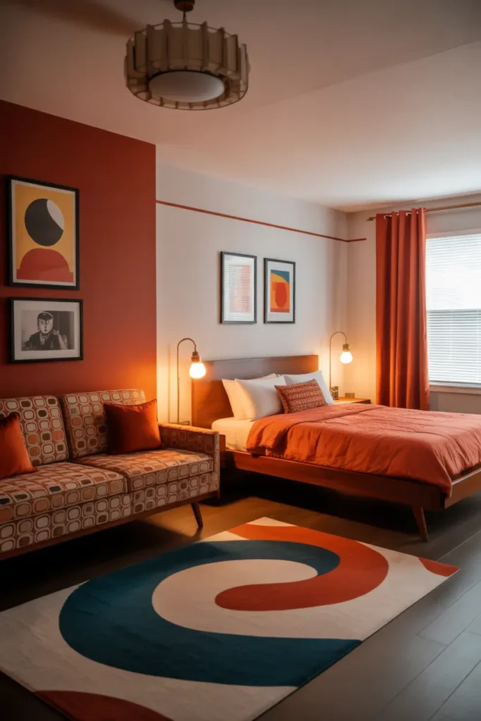 A retro-inspired living room and bedroom combo with bold pops of color and mid-century modern furniture. The sofa is upholstered in a retro pattern, while the bed features a low, angled wood frame with a bright duvet. Retro wall art and geometric patterns on the rug bring personality to the room. Warm lighting from vintage lamps creates a cozy atmosphere, while the space remains functional and stylish with a mix of modern and retro elements.