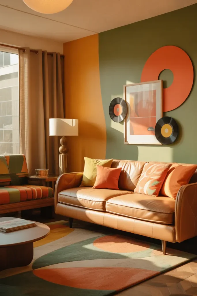  A retro-inspired living room with 70s pop aesthetics, warm golden hour lighting, featuring orange, avocado green, and cream tones. Mid-century modern furniture, curved sofa, geometric rug, vintage lamp, and vinyl decor. Textures include leather, wood, and fabric. Relaxed nostalgic vibe. Eye-level camera angle capturing layered decor and cozy seating arrangement.