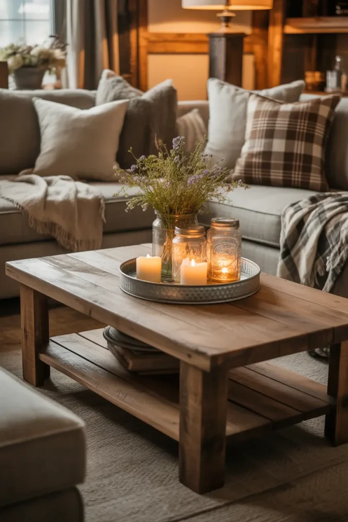  A rustic farmhouse living room with a wooden coffee table as the centerpiece. The table features a distressed wood finish, with a galvanized metal tray, candles in mason jars, and a small arrangement of wildflowers. The room is lit by soft, warm lighting, casting a golden glow over the rustic decor. The color palette includes earthy tones of beige, gray, and deep brown. The furniture is a mix of reclaimed wood and linen, with cozy throw blankets and plaid pillows. The atmosphere is homey, comfortable, and inviting.