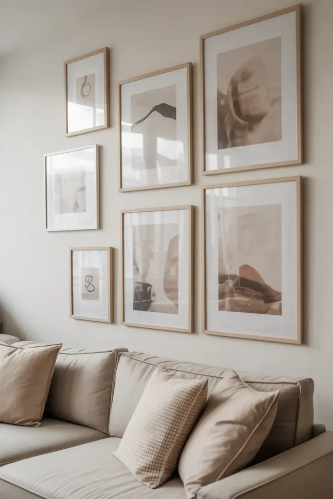 A Scandinavian-inspired living room featuring a neutral gallery wall with soft-toned abstract prints in simple frames. The arrangement is balanced and cohesive, placed above a neutral sofa. Natural light enhances subtle textures, while minimal decor keeps the look clean. Wide eye-level shot with airy composition and modern styling.