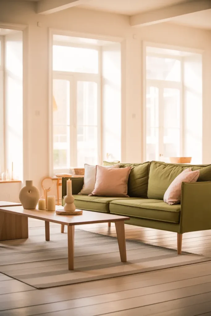 A Scandinavian-inspired living room with a green couch as the centerpiece. The design features a light wood floor and white walls, with a soft mix of pastel tones in the decor. A simple wooden coffee table and a few carefully chosen decorative objects like ceramic vases and candles sit alongside the green couch. Large windows let in plenty of natural light, filling the room with a bright, airy feel. The laid-back, cozy setup is perfect for unwinding, with a warm, diffused light casting soft shadows across the space. The camera angle captures the room in a full shot.
