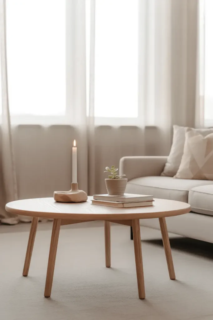  A Scandinavian-inspired living room with a simple, functional coffee table in light wood. The table is decorated with minimalistic pieces—a single candle, a small potted plant, and a few neatly stacked books. Soft natural light filters through sheer curtains, creating a serene, bright atmosphere. The color palette is soft and muted, with whites, pale grays, and wood tones. The furniture is simple but elegant, with a pale linen sofa and geometric throw pillows. The mood is calm, peaceful, and inviting.