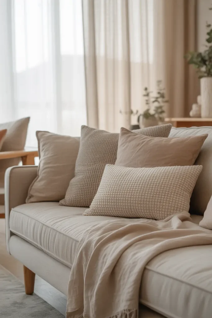 A Scandinavian-inspired living room with a linen sofa in soft neutral tones, layered with textured cushions and a cozy throw. Natural light filters through sheer curtains, highlighting the fabric texture and soft folds. Light wood furniture, subtle greenery, and a minimal layout create an airy, inviting atmosphere. Eye-level wide shot with balanced composition.