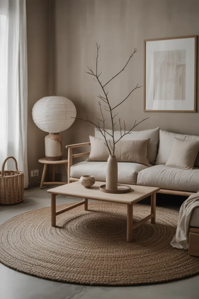  A serene Japandi living room with a round rug, soft diffused daylight, neutral and earthy palette, ash wood furniture, low linen sofa, paper lamp, ceramic decor, woven basket, branch arrangement, minimal wall art, wide shot from eye level, airy spacing, layered textures, quiet elegance, and refined Pinterest style photography with natural depth.