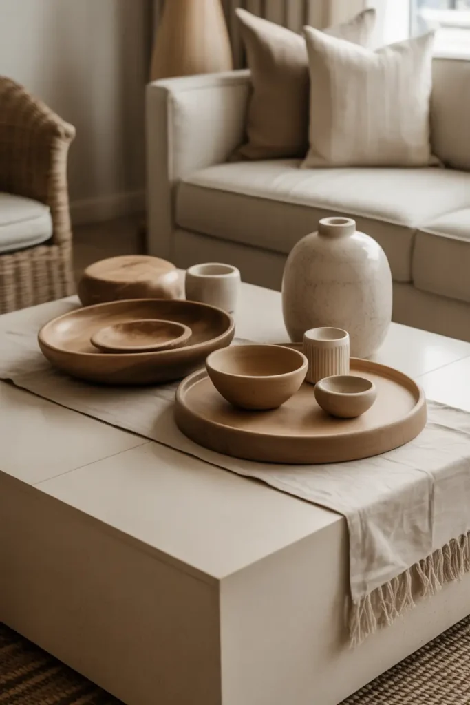 A serene, neutral-toned living room with a coffee table featuring earthy decor items—wooden bowls, a linen runner, and a few textured ceramic pieces. The lighting is soft and natural, enhancing the room’s warm, earthy tones. The color palette includes beiges, taupes, and soft grays, creating a calm and grounded atmosphere. The furniture is simple, with a linen sofa and woven rattan chairs, and the room feels cozy and peaceful.