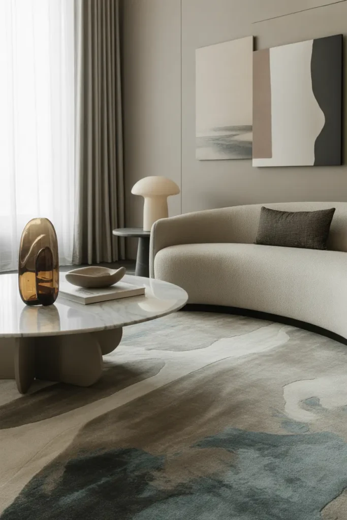 A sleek contemporary living room with an abstract rug, soft diffused light, muted taupe, charcoal, cream, and dusty blue palette, curved sofa, marble table, smoked glass decor, sculptural lamp, art books, modern wall art, wide eye level shot, layered styling, elegant spacing, realistic textures, and high end Pinterest interior photography.