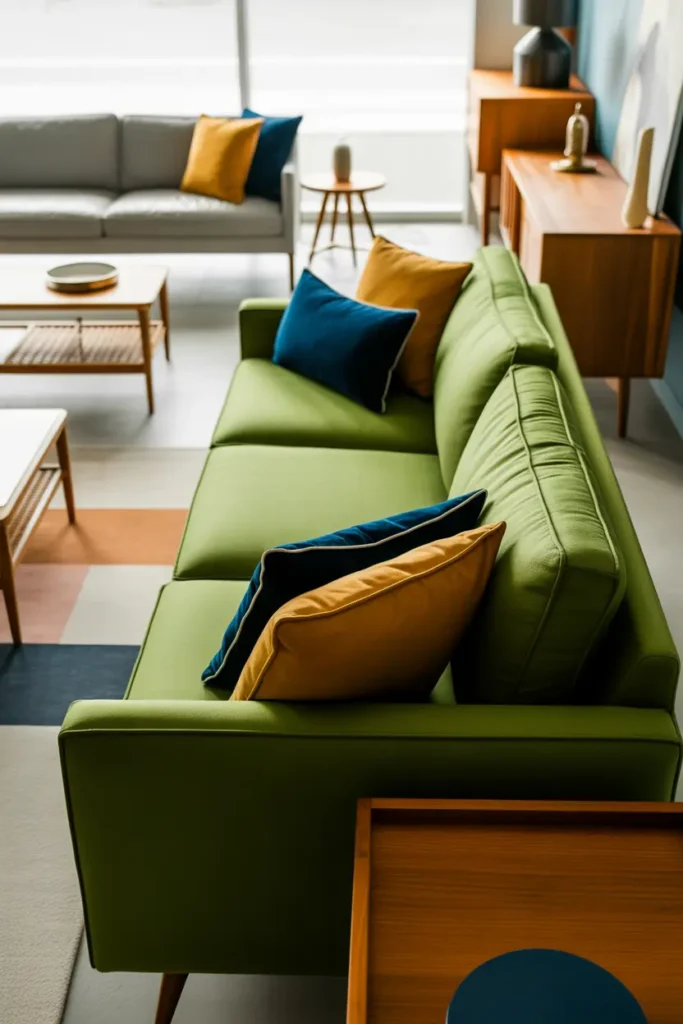  A sleek mid-century modern living room featuring a bold green couch with clean, sharp lines. The color palette is a mix of muted greens, warm wood tones, and accents of mustard yellow and navy blue. The furniture has sleek, retro-inspired designs, with a wooden coffee table, geometric rug, and simple lighting fixtures. The space feels airy and organized, with plenty of open space to move around. Natural light pours in from a large window, highlighting the beauty of the green couch and the stylish simplicity of the room. A full shot captures the room’s elegant layout.