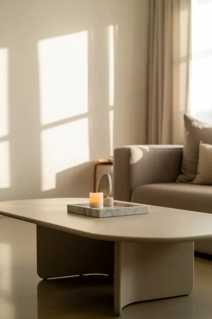  A sleek, minimalist coffee table with a single decorative item—a white marble tray with a small candle and a single stone sculpture. The room is filled with soft natural light, casting delicate shadows. The color palette is neutral with off-white walls, a gray sofa, and a polished wood floor. The decor is sparse, focusing on simplicity. The room feels spacious and airy, offering a calming, zen-like atmosphere.