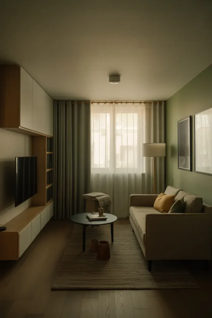 A smart small-space living room with a compact corner TV unit, soft diffused daylight, and a palette of warm beige, taupe, muted green, and natural wood. Compact sofa, round coffee table, floor lamp, framed prints, and layered textiles create depth. Wide angled shot from eye level with realistic textures, balanced spacing, and a cosy, efficient layout.