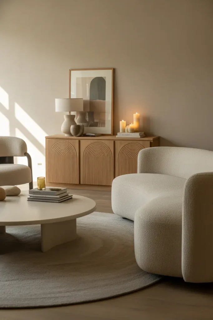 A soft contemporary living room with an arched-detail media console, warm natural afternoon light, and a palette of cream, clay, light oak, and muted olive. Curved sofa, boucle chair, textured rug, stacked books, candles, and framed art create layered depth. Wide eye-level shot with soft shadows, rounded shapes, realistic wood grain, and an elegant, trend-forward layout.