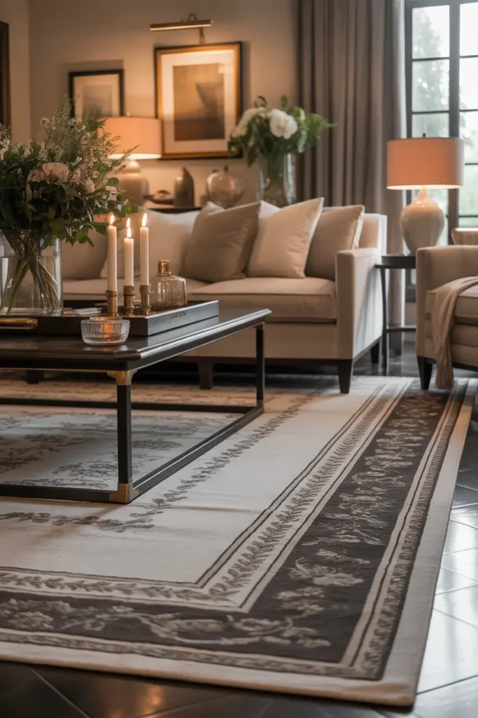  A sophisticated transitional living room with a border detail rug, warm late afternoon light, soft taupe, cream, and espresso palette, tailored sofa, dark wood table, brass accents, fresh flowers, framed art, candle tray, layered cushions, wide eye level shot, spacious balanced layout, rich texture, soft shadows, and premium Pinterest interior photography.