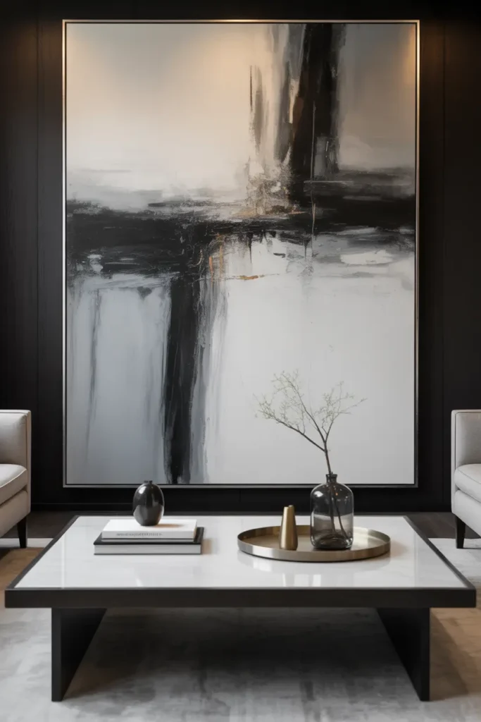  A spacious, modern living room with a large abstract painting hanging above the coffee table. The coffee table itself features simple decor—just a vase with a single branch, a few books, and a sleek metallic tray. The lighting is soft, diffused, with the painting being the room’s main visual draw. The color palette is monochromatic, with blacks, whites, and grays providing a chic, sophisticated feel. The furniture is minimal, with clean lines and neutral colors, allowing the art to shine. The atmosphere feels artistic and inspiring.