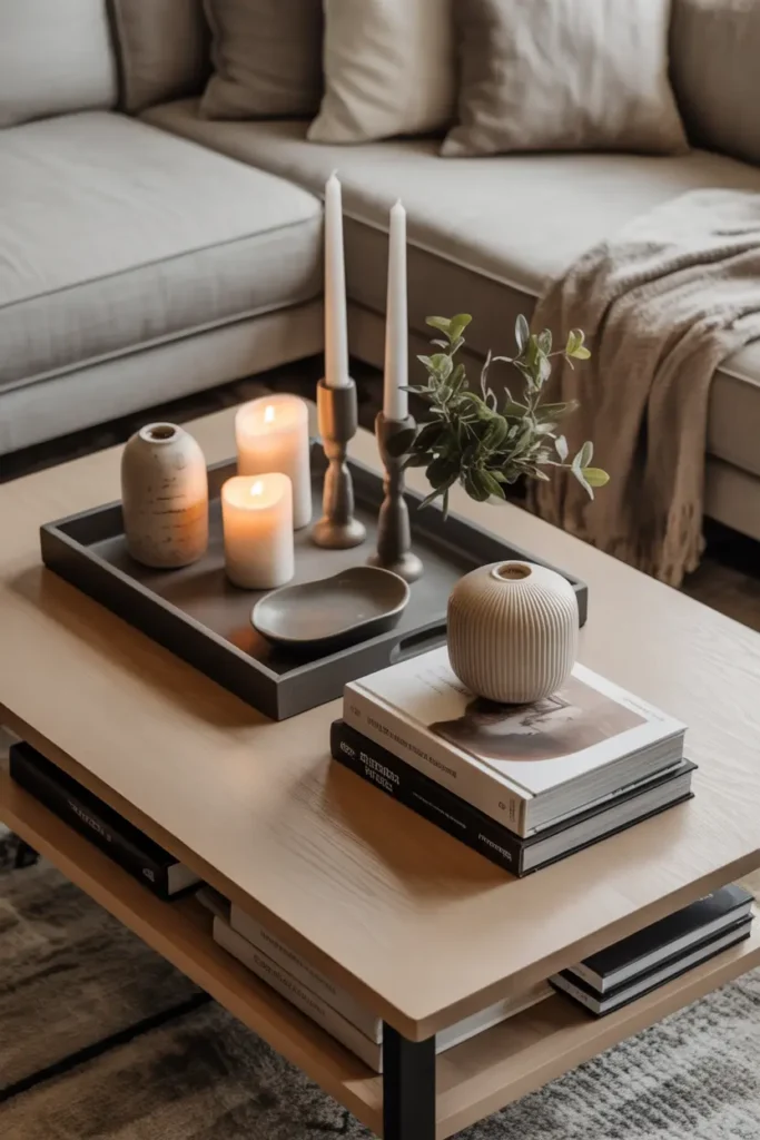  A stylish coffee table setup featuring a neutral palette with stacked books, a decorative tray, candles, and a small plant. Soft natural light highlights textures like wood and ceramics. Balanced layering creates depth, with a cozy sofa and rug in the background. Eye-level shot with a modern, Pinterest-worthy aesthetic.