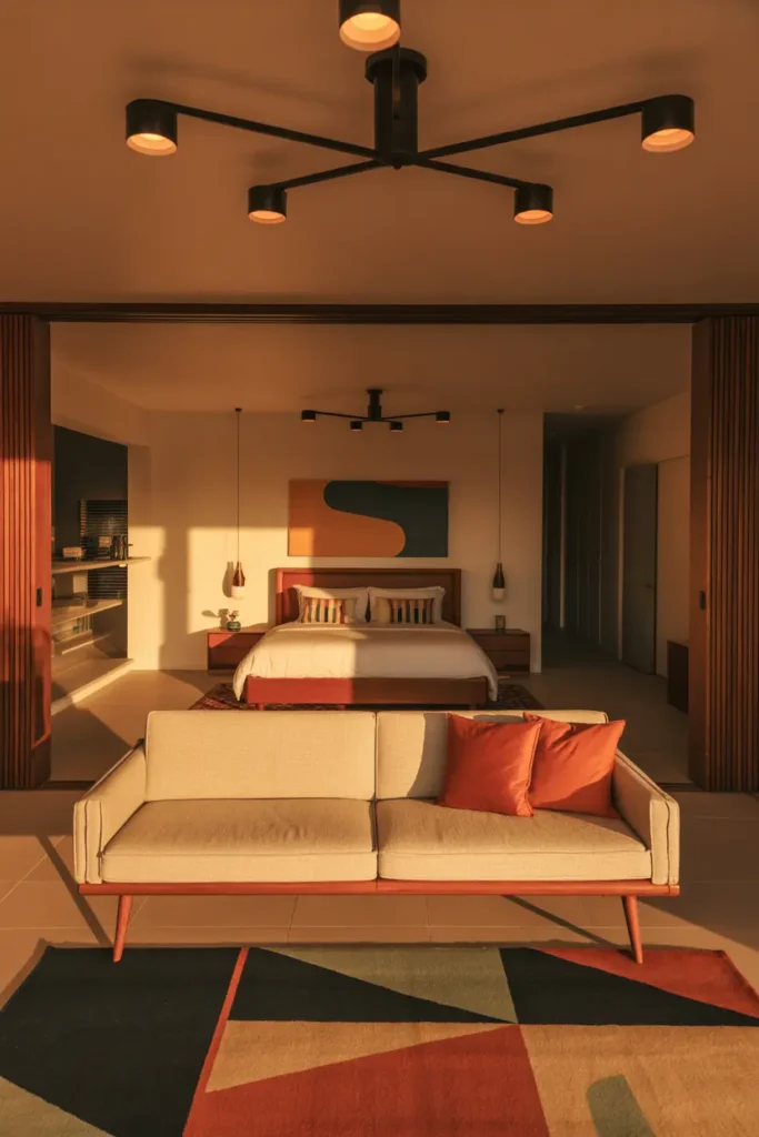 A stylish mid-century modern living room and bedroom combo bathed in warm, diffused light. The space features clean lines, geometric patterns, and vibrant pops of color. The sofa is low-profile with wooden legs, while the bed frame is simple yet striking, with sleek lines and a wood finish. A geometric rug and retro-inspired lighting fixtures complete the look. The layout keeps the flow open, highlighting the mid-century modern design’s emphasis on functionality and style.