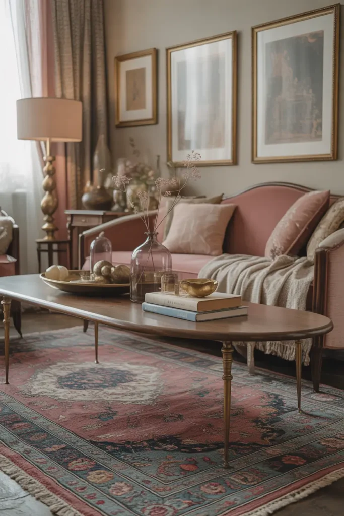A stylish vintage inspired living room with a faded Persian style rug, soft diffused afternoon light, dusty rose, muted blue, and warm cream palette, walnut wood table, curved sofa, brass accents, books, dried stems, framed art, cozy layered textiles, eye level wide shot, elegant spacing, rich texture, and boutique interior styling.