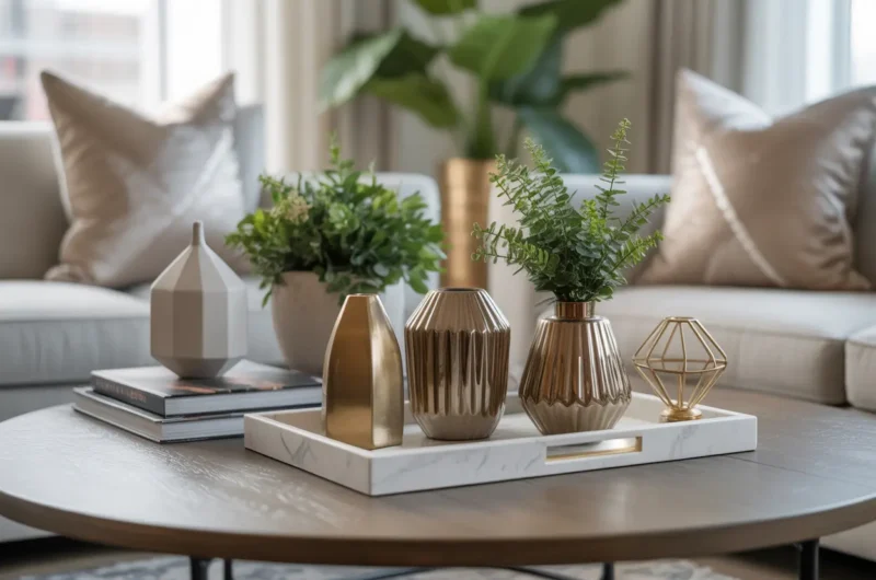 Modern living room with a beautifully decorated coffee table featuring geometric vases, lush plants, and a marble tray. Soft lighting creates an inviting atmosphere.