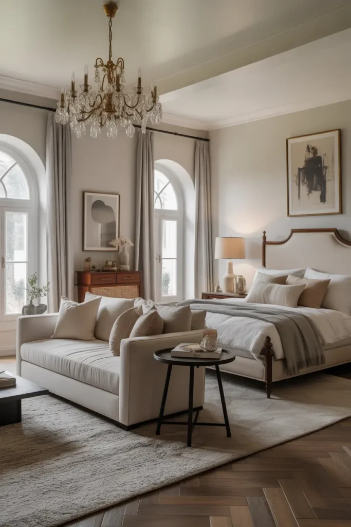 A transitional style living room and bedroom combo featuring a balance of traditional and contemporary elements. The space incorporates soft neutral tones, with a classic upholstered bed frame and a sleek, modern sofa. A statement chandelier adds a touch of elegance, while wood and metal furniture bring warmth and contrast. Plush rugs, artwork, and simple accessories round out the look. The layout keeps the space open and inviting, offering both elegance and comfort.