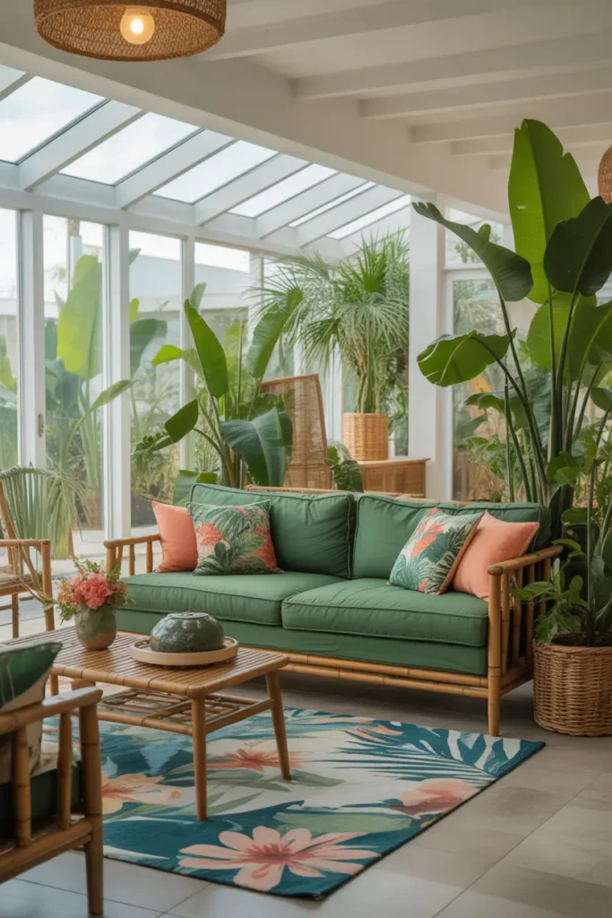 A tropical-inspired living room featuring a green couch as the main piece, surrounded by lush indoor plants. The space is flooded with natural light from large windows, giving the room a fresh, airy feel. The color palette is bright and vibrant, with pops of tropical colors like teal and coral. Wooden furniture, bamboo details, and woven textures complement the green sofa, while a tropical print rug ties the design together. The room feels vibrant and relaxed, with a laid-back atmosphere that invites you to unwind.
