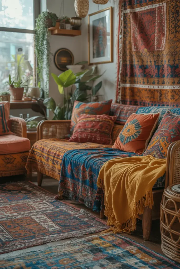 A vibrant bohemian living room filled with layered patterns, bright diffused daylight, and a mix of jewel tones like deep blue, burnt orange, and mustard. Textiles include patterned rugs, cushions, and throws with wood and rattan furniture. Hanging plants and art add dimension. Rich cozy vibe. Eye-level shot with dense foreground layering and detailed background textures.