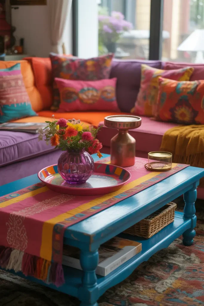  A vibrant, bohemian living room with a colorful coffee table surrounded by eclectic decor. The table is adorned with bright, patterned textiles—such as a woven runner, decorative pillows, and bold, colorful trays. The lighting is soft, diffused, and warm, creating an inviting, lived-in atmosphere. The color palette is a mix of rich reds, oranges, and purples, with gold accents. The sofa is eclectic with various patterned cushions, and the space feels lively, creative, and full of personality.