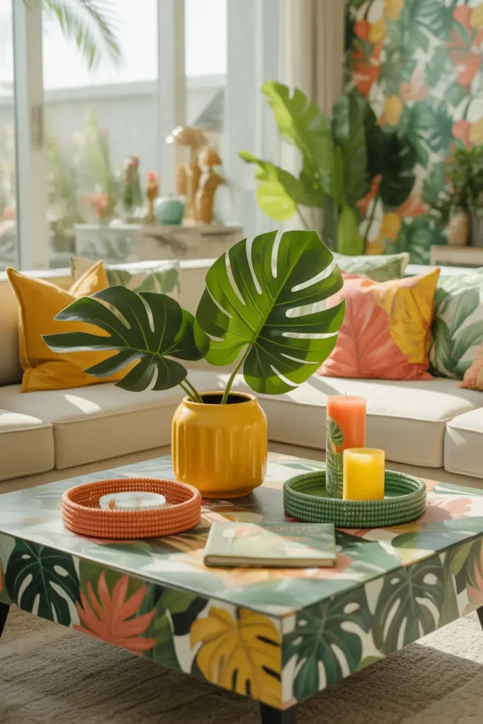  A vibrant, tropical-inspired living room with a coffee table adorned with tropical decor items. The table features a large monstera plant in a bright ceramic pot, a few colorful beaded trays, and tropical-themed candles. The room is flooded with natural light, creating a bright and lively atmosphere. The color palette includes shades of green, yellow, and coral, with leafy patterns throughout. The sofa is a soft, neutral color, while the tropical decor adds pops of color. The overall atmosphere is energetic and exotic.