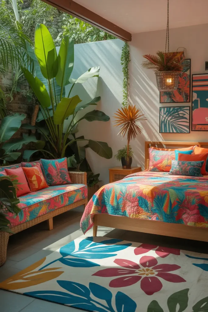A vibrant tropical living room and bedroom combo bathed in bright, natural light. The space features lush green plants, bold tropical prints, and colorful décor. The bed has a wooden frame with bright, patterned bedding, while the sofa is covered in lush tropical-inspired cushions. A statement rug with a floral design and fun wall art add personality. The space feels alive with energy, and the natural light enhances the vibrant colors, creating a fresh and lively atmosphere.
