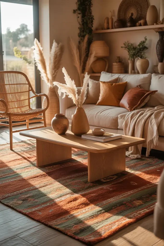 A warm boho organic living room with an earthy toned rug, golden hour light, terracotta, olive, sand, and cream palette, rattan chair, oak coffee table, linen sofa, ceramic vases, pampas grass, layered throws, wide shot, cozy open layout, natural textures, soft fabric folds, styled shelves, and rich Pinterest worthy interior depth.