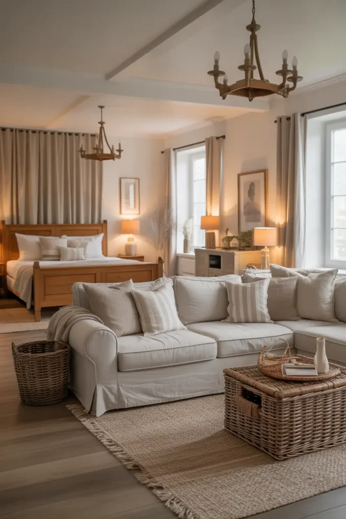 A warm, inviting farmhouse living room and bedroom combo drenched in soft, diffused natural light. The space features a cozy wooden bed frame and a large, plush sectional sofa. The color palette consists of neutral tones, whites, and warm wood accents. Woven textiles, such as rattan baskets and linen curtains, add texture. Soft lighting from chandeliers and table lamps creates a relaxed, homey feel. The open layout highlights the warmth and charm of the farmhouse style.