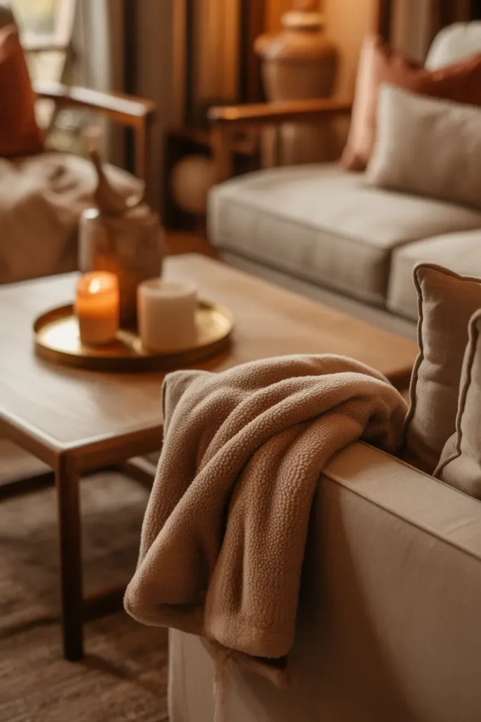  A warm, inviting living room with a coffee table surrounded by cozy elements. The table features a plush throw blanket draped across one corner, a few soft pillows stacked on a chair, and a warm-toned candle. The lighting is soft and ambient, casting a cozy glow throughout the room. The color palette includes warm tones like soft browns, beiges, and muted reds, creating a comforting atmosphere. The furniture is plush, with a linen sofa and wooden accents, adding to the homely, relaxed vibe.