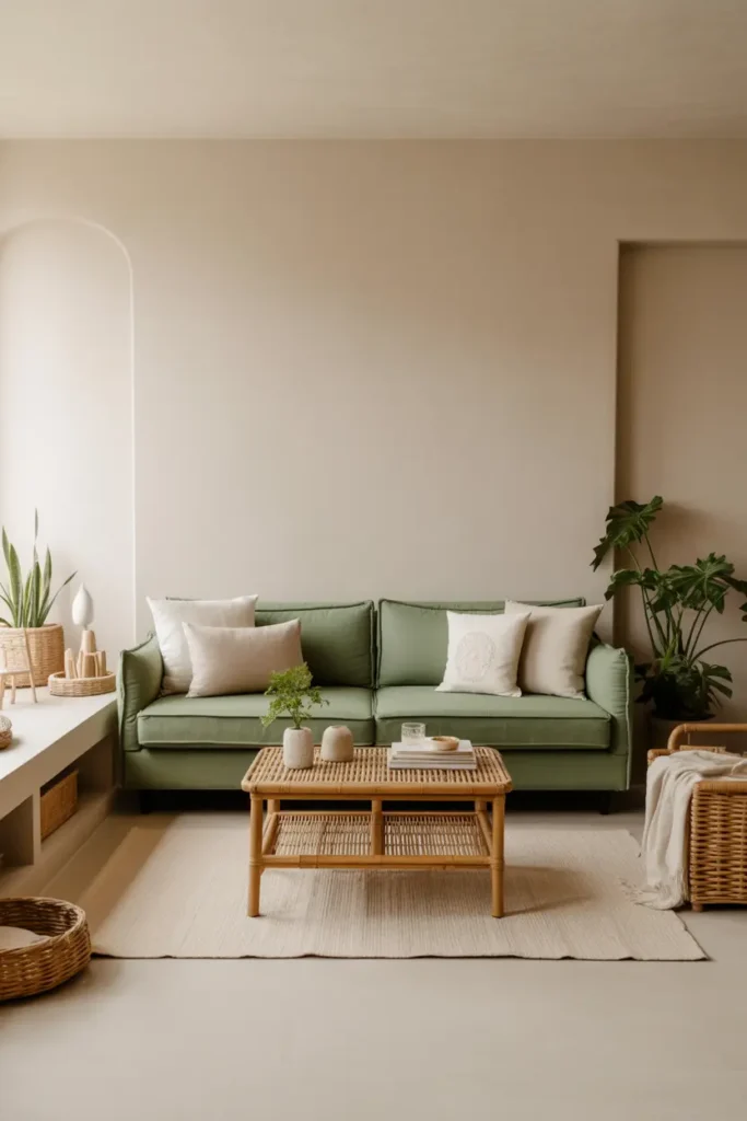  A zen-inspired living room featuring a minimalist green couch as the focal point. The room embraces soft, natural light and a neutral color palette of beige, white, and light green. The space is calm and uncluttered, with a bamboo coffee table, low-profile shelving, and calming indoor plants. The textures are natural, with woven baskets and soft throws adding depth. The room feels peaceful and serene, creating an ideal environment for relaxation and mindfulness. The camera angle shows a peaceful, spacious setup with a harmonious, uncluttered design.