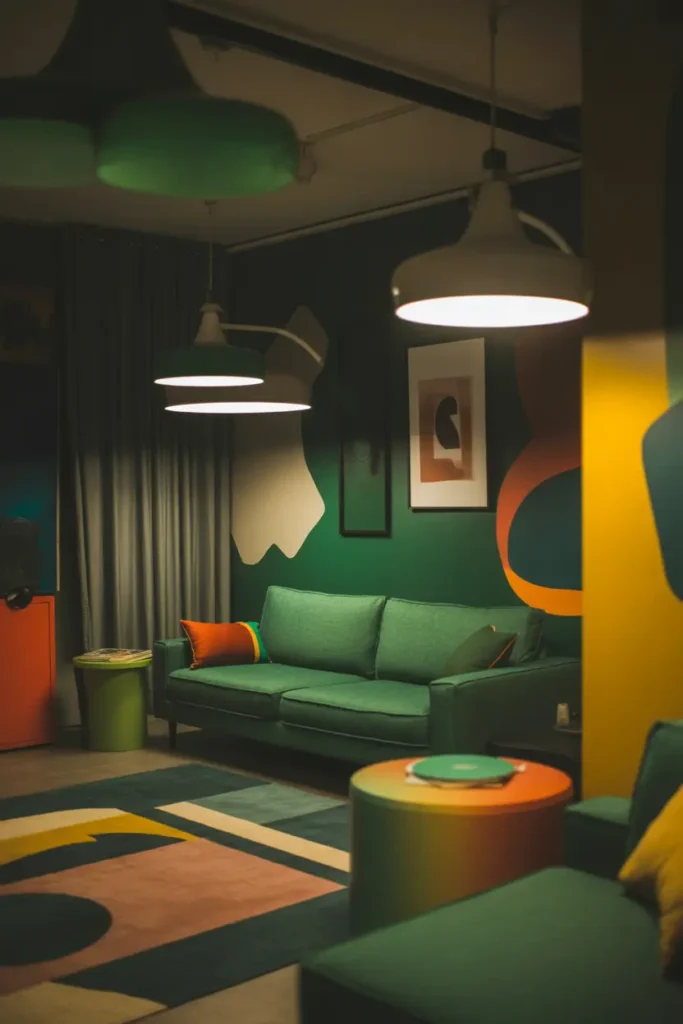  An artistic living room with a green couch surrounded by colorful, abstract artwork and unique design pieces. The space is illuminated by soft, diffused light from modern, industrial-style pendant lamps. The color palette features deep greens, bright accent colors like mustard yellow, and shades of grey. The room incorporates bold, artistic touches such as abstract wall art, a geometric rug, and eclectic furniture pieces. The green couch stands out as the centerpiece, adding a grounded, calming presence. The camera angle captures the creative energy and vibrant atmosphere of the room.