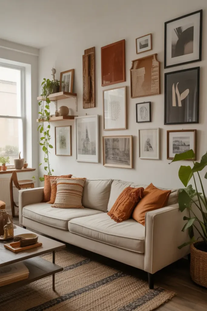  An eclectic boho-modern living room with a layered gallery wall, bright natural window light, and earthy tones mixed with rust, black, and cream. Linen sofa, wood frames, ceramics, woven rug, and trailing plants add texture. Styled shelves and varied art sizes create depth. Inviting creative mood. Eye-level wide shot with detailed foreground decor and balanced wall composition.