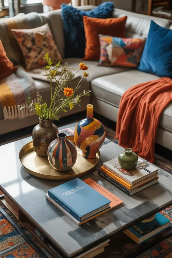 An eclectic living room featuring a coffee table adorned with mismatched decor items—a brass tray, a colorful ceramic vase, a stack of books, and a few scattered candles. The room is filled with natural light, casting soft shadows on the bold, mixed decor. The color palette is rich and varied, with deep blues, oranges, and greens mixed with neutral tones. The sofa is eclectic, featuring a combination of patterned cushions and vintage throw blankets. The atmosphere feels dynamic, creative, and unique.