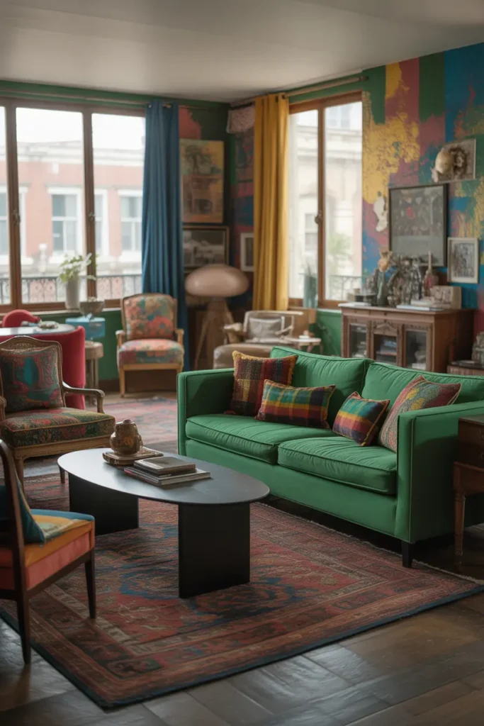  An eclectic living room with a bold green couch surrounded by a mix of vibrant colors, patterns, and textures. The room features a playful combination of rich jewel tones, with emerald, gold, and deep blues complementing the green sofa. Antique and modern furniture pieces blend seamlessly, including a vintage rug, sleek modern coffee table, and quirky wall art. The space feels alive with personality, softened by the natural light streaming in through large windows. The image is captured from an eye-level angle, highlighting the eclectic mix of elements.