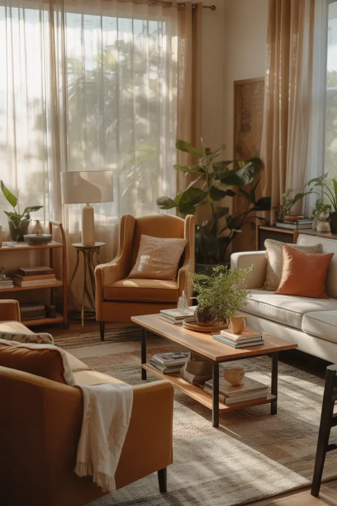  An eclectic living room with mixed furniture styles, soft natural daylight filtering through sheer curtains, featuring a warm neutral base with pops of terracotta and olive. A vintage armchair, modern sofa, wooden coffee table, and metal accents create contrast. Layered textiles, books, and plants add depth. Cozy collected mood. Wide-angle shot with balanced, styled clutter.
