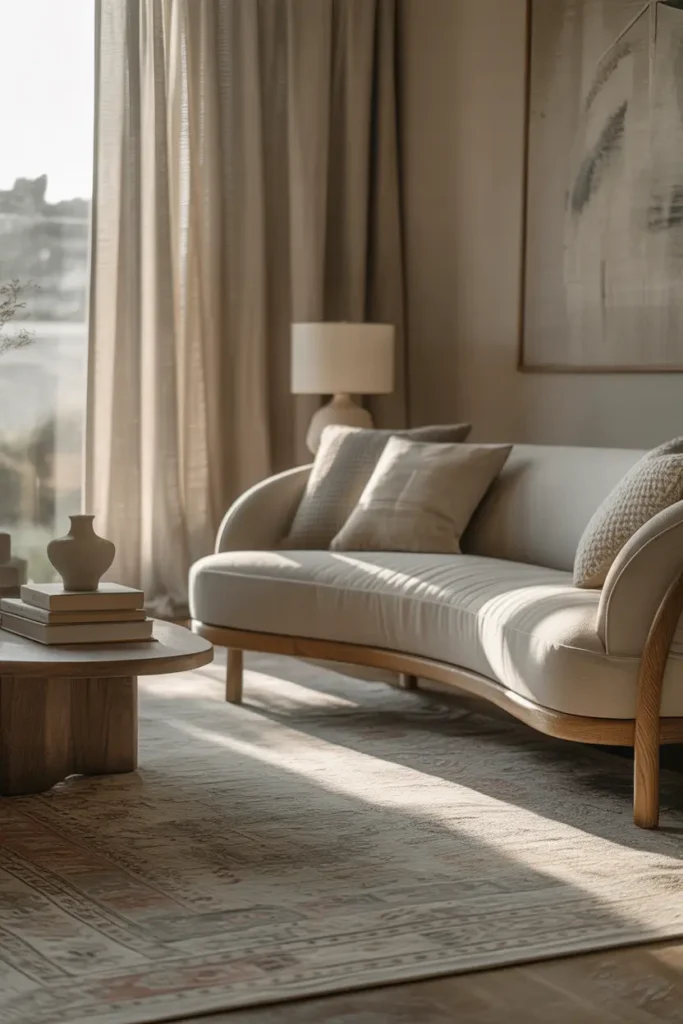 An elegant soft modern living room with a muted patterned rug, gentle afternoon light, warm ivory, taupe, and faded sage palette, oak furniture, curved sofa, linen curtains, ceramic vase, stacked books, subtle wall art, layered cushions, wide eye level shot, airy spacing, realistic textile texture, soft shadows, and refined Pinterest quality styling with balanced depth.