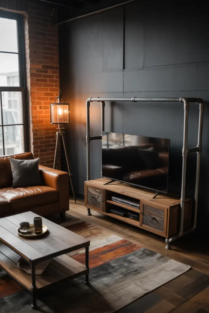 An industrial loft-style living room with a pipe-frame TV stand, warm side lighting, and a palette of deep brown, matte black, rust, and charcoal. Leather sofa, reclaimed wood table, exposed brick wall, metal lamp, and layered textiles create depth. Wide eye-level shot with strong textures, shadows, and a bold, urban atmosphere.