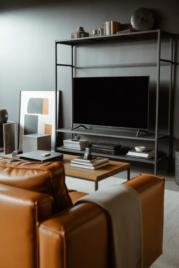 An industrial modern living room with a black metal frame TV stand, bright side lighting, and a palette of charcoal, warm brown, matte black, and soft grey. Leather sofa, wood coffee table, concrete accents, stacked books, and abstract art add depth. Eye-level wide shot with layered decor, realistic metal texture, soft shadows, and a clean urban layout.