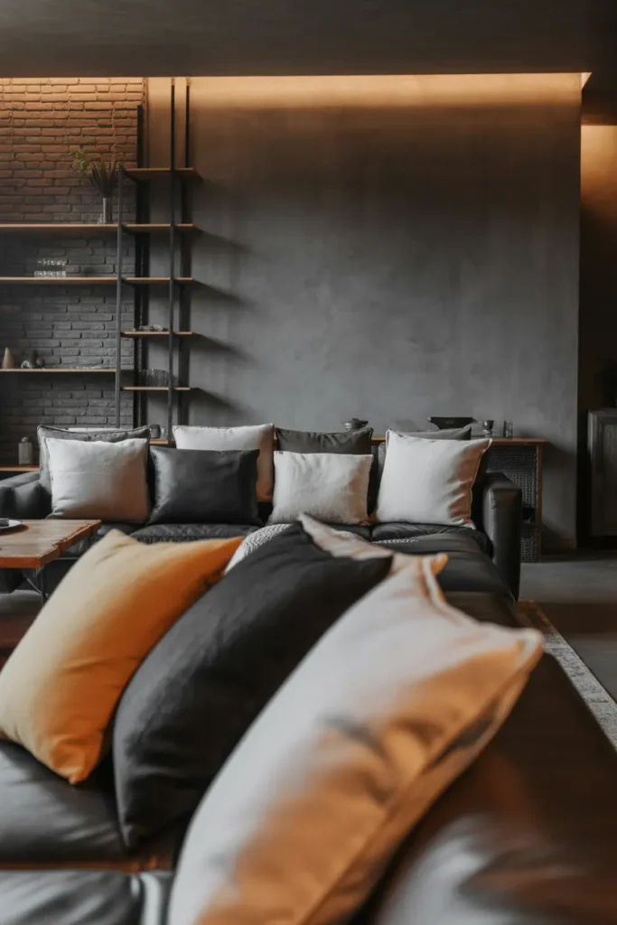  An industrial-modern living room with soft contrast elements, warm ambient lighting with subtle natural light, featuring grey, black, and warm beige tones. Exposed brick wall, metal shelving, leather sofa, and soft linen cushions create balance. Concrete textures mixed with wood accents. Calm yet edgy mood. Wide shot with layered foreground decor and textured background depth.