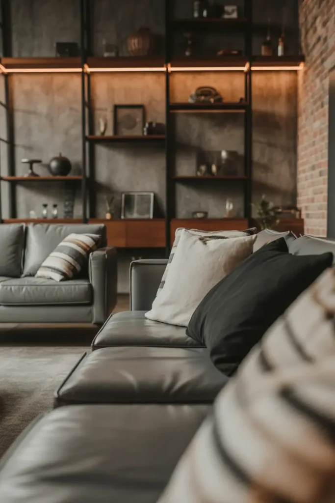 An industrial-modern living room with soft contrast elements, warm ambient lighting with subtle natural light, featuring grey, black, and warm beige tones. Exposed brick wall, metal shelving, leather sofa, and soft linen cushions create balance. Concrete textures mixed with wood accents. Calm yet edgy mood. Wide shot with layered foreground decor and textured background depth.