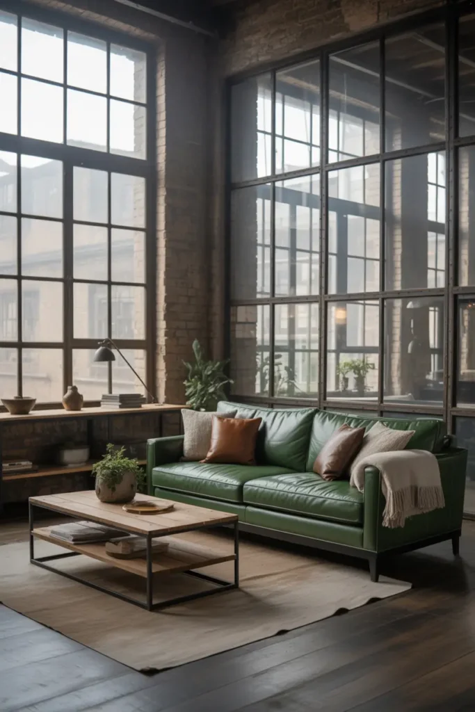  An industrial-style living room with a green couch that contrasts beautifully against exposed brick walls and metal accents. The space is bathed in soft, diffused light from large factory-style windows, giving the room a gritty yet modern vibe. The furniture is minimalistic with a reclaimed wood coffee table and steel-framed shelving units. A mix of leather and wool throws add texture, while plants soften the space. The atmosphere is raw and edgy, but also inviting. A wide-angle shot highlights the balance between the industrial elements and the cozy green sofa.
