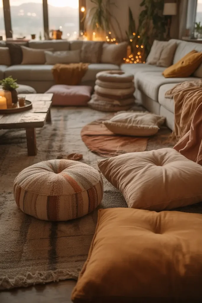 Boho floor seating living room with soft golden hour lighting, warm earthy tones, layered floor cushions and poufs, low wooden table, textured rugs, linen fabrics, candles and fairy lights, indoor plants, relaxed cozy atmosphere, slightly messy lived-in aesthetic, low-angle wide shot capturing depth, layered textiles, and inviting seating arrangement in a compact apartment layout.