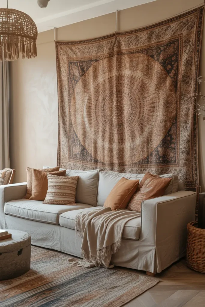  Boho-inspired living room with large wall tapestry as focal point, soft natural light, earthy tones of beige, rust, and olive, linen sofa, textured cushions, woven rug, wooden elements, hanging tapestry with intricate patterns, cozy relaxed atmosphere, eye-level wide shot highlighting wall art dominance and layered decor styling.