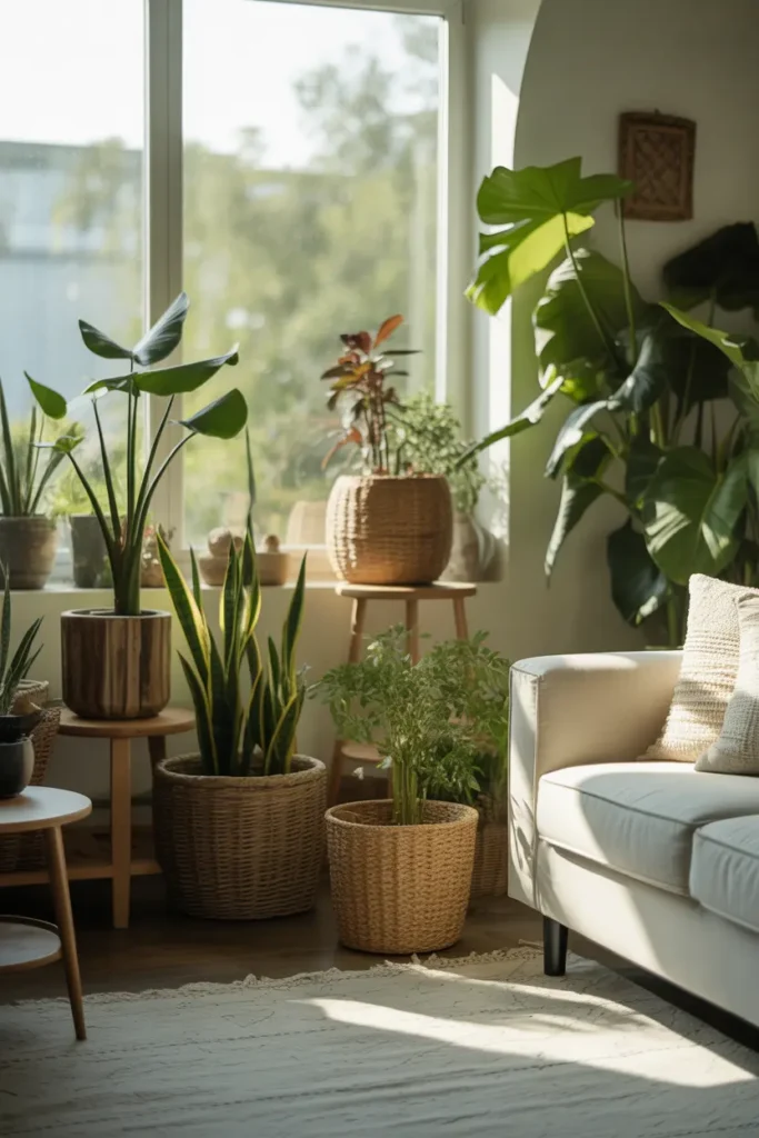  Bright boho-modern living room corner filled with indoor plants, soft natural sunlight streaming through large window, earthy green and neutral tones, woven baskets, wooden plant stands, linen sofa, light textured rug, fresh and airy mood, layered greenery at different heights, angled corner shot showing depth, natural textures, and vibrant plant styling.