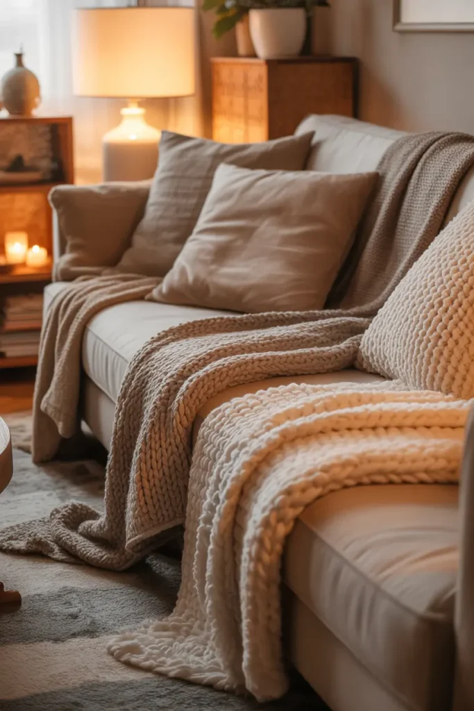  Cozy living room with layered blankets and throws, warm ambient lighting, soft neutral and earthy tones, plush sofa, chunky knit blankets, textured cushions, wooden side table with candles, soft rug, inviting and warm atmosphere, close-up angled shot capturing fabric textures, folds, and layered softness in a compact apartment setup.