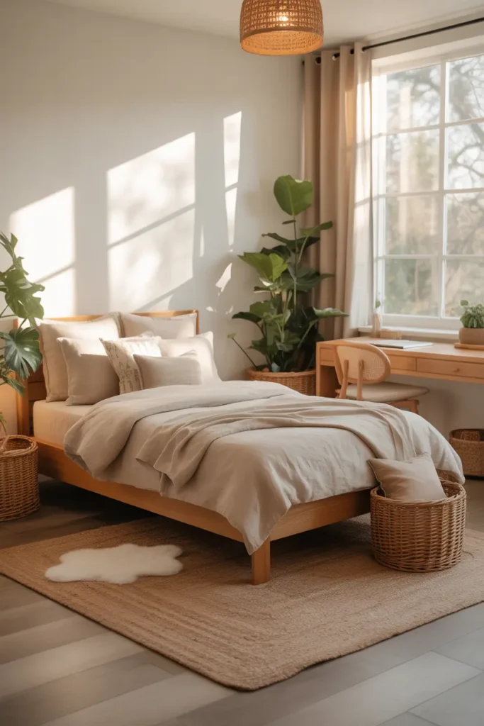 Craft a cozy, nature-inspired bedroom for a young boy using wood and linen as the core materials. The room features natural light pouring in from a large window, enhancing the warm earthy tones. The bed is dressed in soft linen bedding with a wood frame, complemented by woven rattan baskets and a jute rug. Add a few houseplants for greenery, and include a wooden writing desk with a comfortable chair. The mood should feel calm, inviting, and grounded, with soft textures creating a peaceful and relaxing atmosphere. Capture the space from a wide-angle to showcase the serene setup.