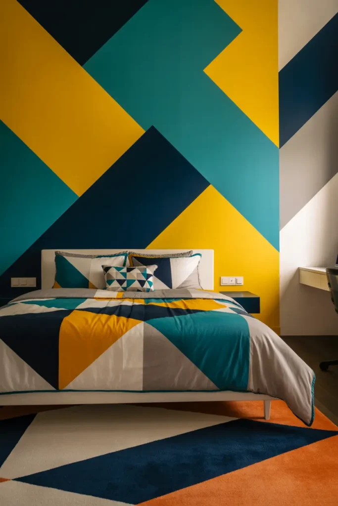  Create a bedroom with playful geometric patterns that energize the space. The room features a geometric-patterned accent wall in bright, bold colors like yellow, teal, and navy blue. The bed is dressed in a modern comforter set with geometric shapes and neutral tones. Use clean-lined furniture like a sleek desk and a geometric rug to tie everything together. The room is lit with soft diffused light, casting gentle shadows that enhance the bold shapes on the wall. Capture the room from a close-up shot to emphasize the dynamic patterns and textures.
